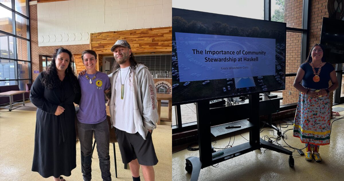 Two images side by side. The image on the left has three people in it. Two Māori attendees stand on each side of the presenter, Courtney King. The image on the right has a large television screen with the words "The Importance of Community Stewardship at Haskell" in a large font with the words "Alexis Whitehorn-Coriz" in a smaller font below. To the right of the television stands Alexis Whitehorn-Coriz.